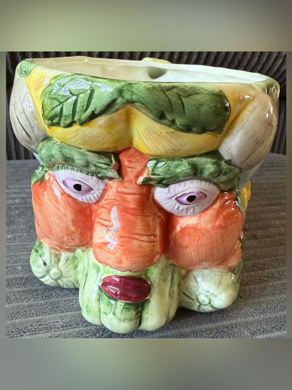 Vintage Fruits Vegetables Female Face Pitcher Fine Ceramics Hand Painted Vase 92